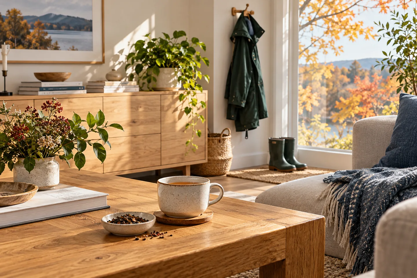A sunlit living room with tea, books and warm wood furniture