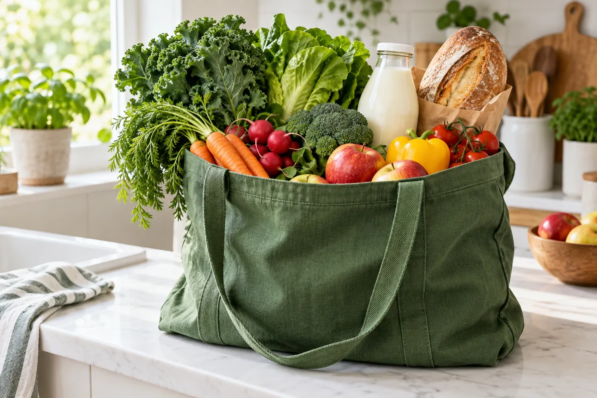 Groceries in a reusable shopping bag